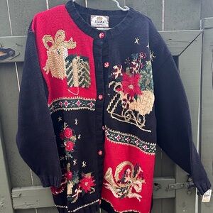 Tiara Black & Red Embroidered Holiday Cardigan Sweater